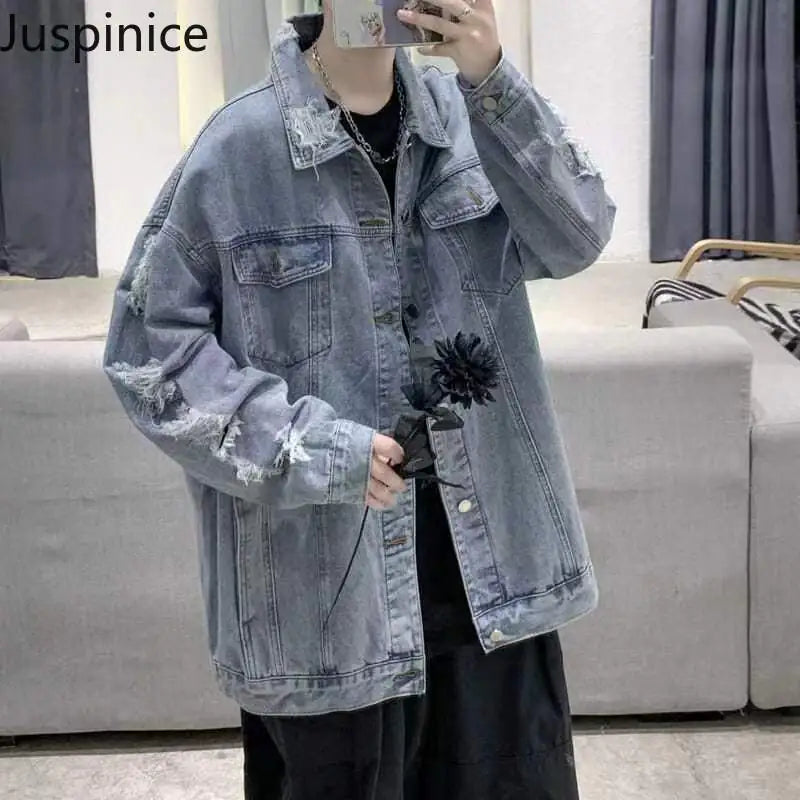Men's Casual Oversized Ripped Denim Jacket for Spring/Fall