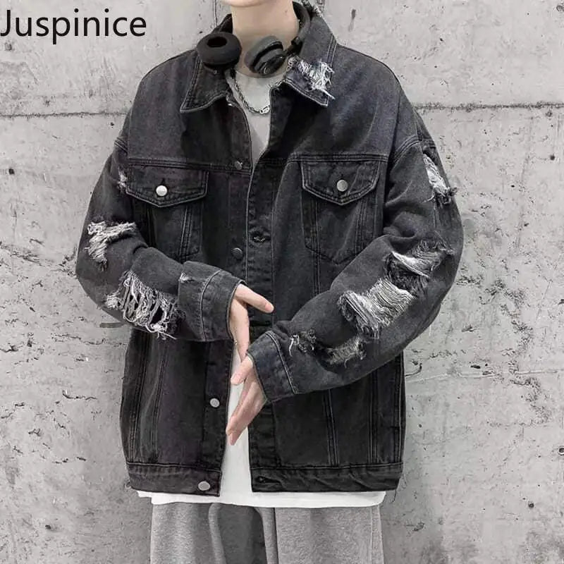 Men's Casual Oversized Ripped Denim Jacket for Spring/Fall