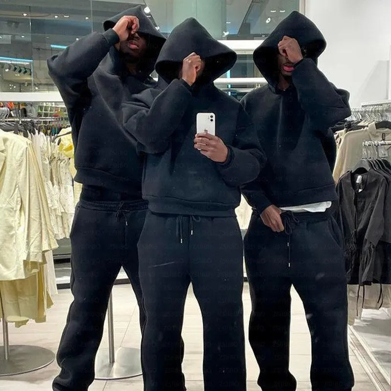 Relaxed Fit Hoodie & Trousers Set – Solid Color Casual Tracksuit
