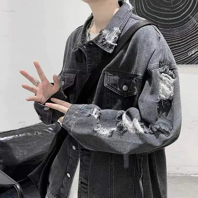 Men's Casual Oversized Ripped Denim Jacket for Spring/Fall