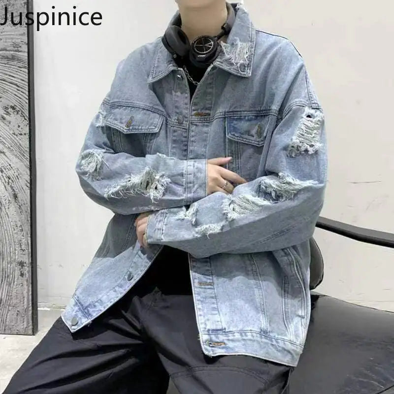 Men's Casual Oversized Ripped Denim Jacket for Spring/Fall