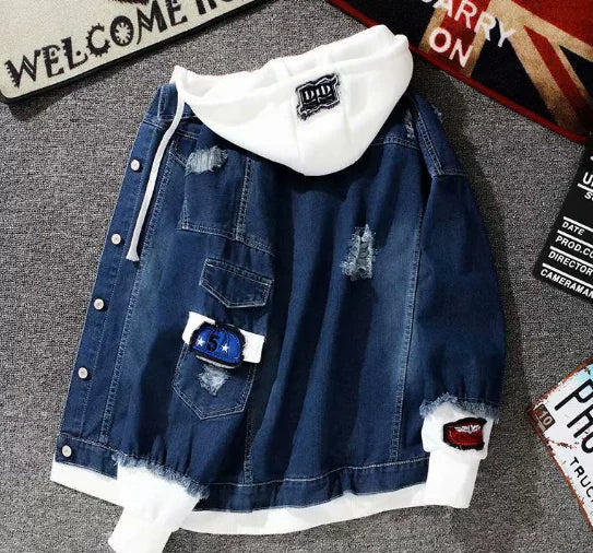 Distressed Denim Hooded Jacket for Men
