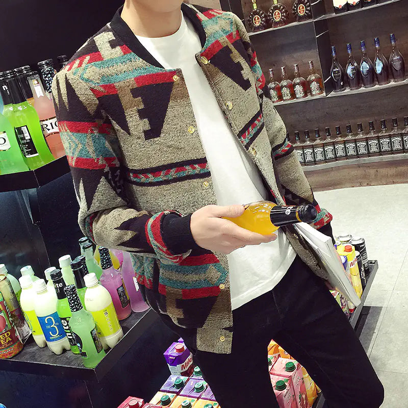 Knitted Vintage Print Baseball Jacket for Men