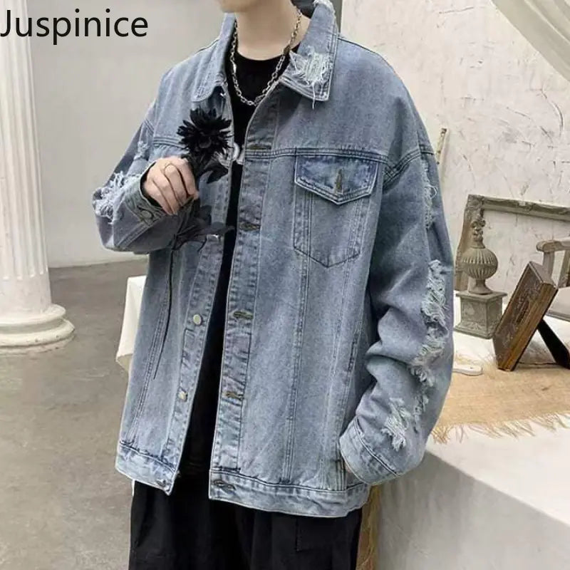 Men's Casual Oversized Ripped Denim Jacket for Spring/Fall