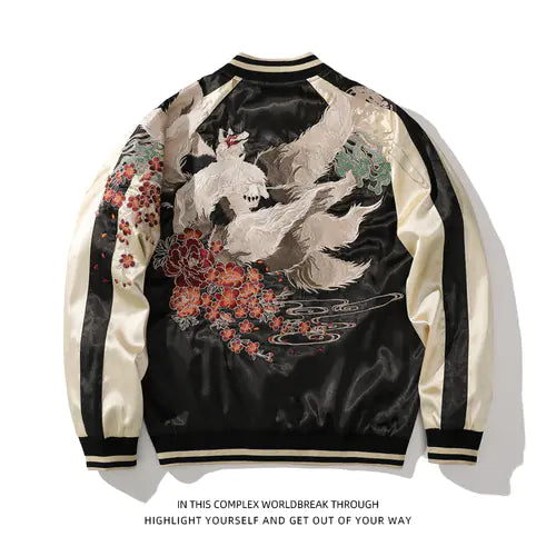 Japanese Dragon Embroidered Bomber Jacket for Men