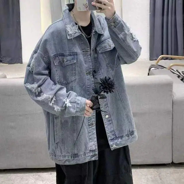 Men's Casual Oversized Ripped Denim Jacket for Spring/Fall
