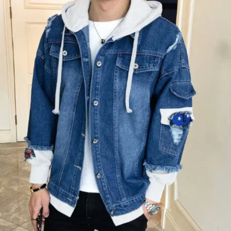 Distressed Denim Hooded Jacket for Men