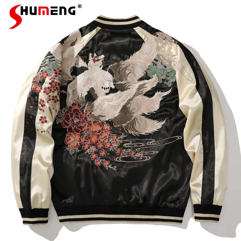 Japanese Dragon Embroidered Bomber Jacket for Men