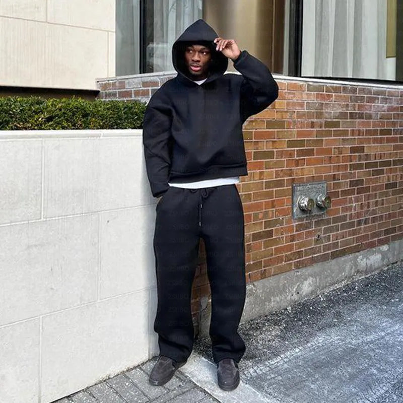 Relaxed Fit Hoodie & Trousers Set – Solid Color Casual Tracksuit
