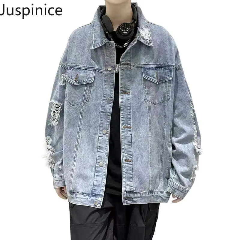 Men's Oversized Ripped Denim Jacket – Casual Streetwear