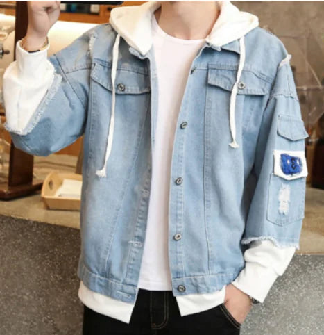 Distressed Denim Hooded Jacket for Men